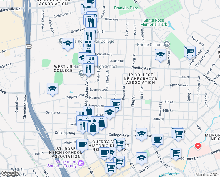 map of restaurants, bars, coffee shops, grocery stores, and more near 1115 Orchard Street in Santa Rosa