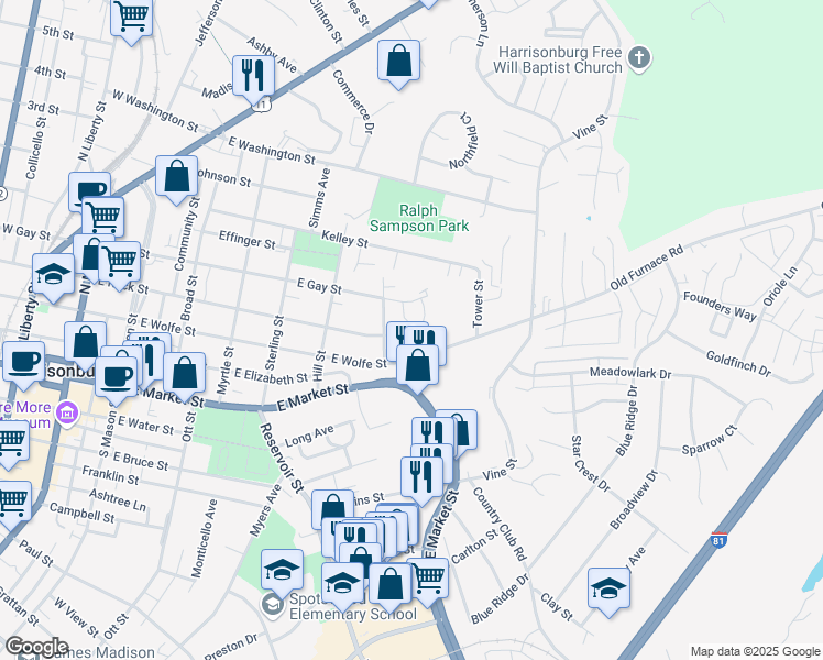 map of restaurants, bars, coffee shops, grocery stores, and more near 703 E Gay St in Harrisonburg