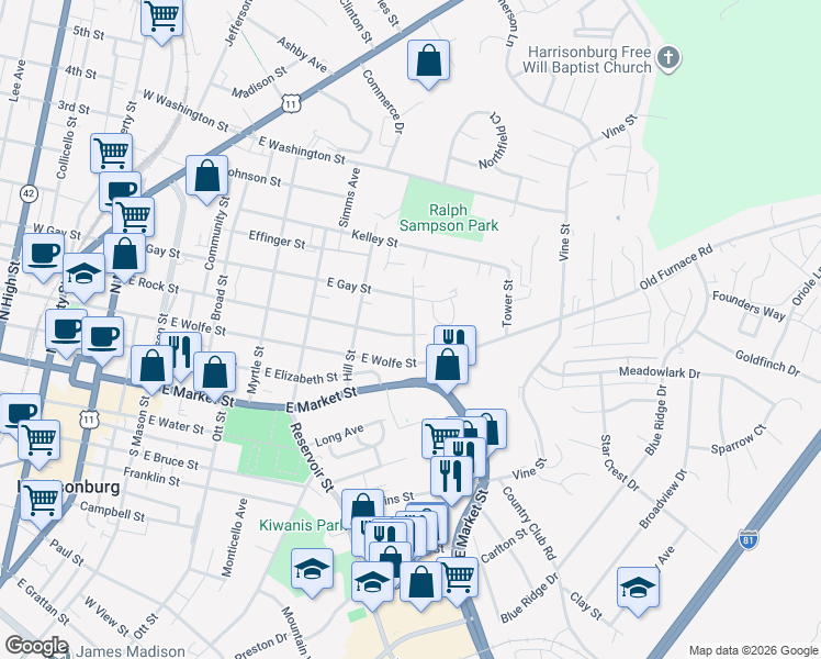 map of restaurants, bars, coffee shops, grocery stores, and more near 341 Summit Street in Harrisonburg