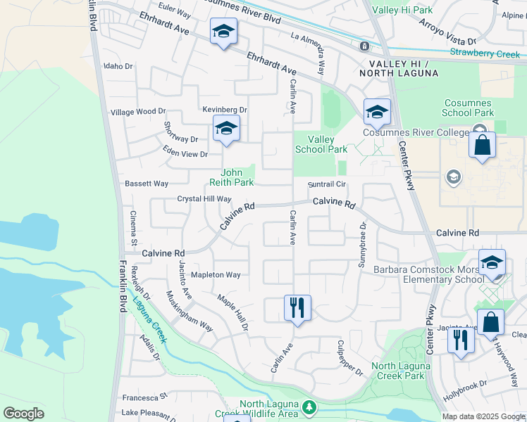 map of restaurants, bars, coffee shops, grocery stores, and more near 5820 Calvine Road in Sacramento