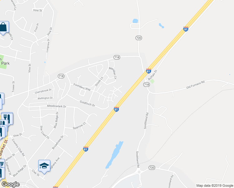 map of restaurants, bars, coffee shops, grocery stores, and more near 1047 John Paul Jones Lane in Harrisonburg