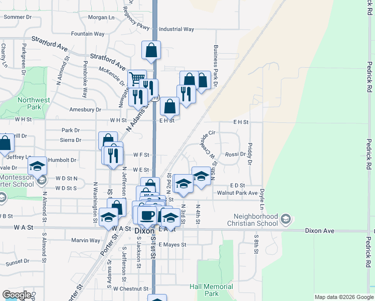 map of restaurants, bars, coffee shops, grocery stores, and more near 464 La Esperanza Drive in Dixon