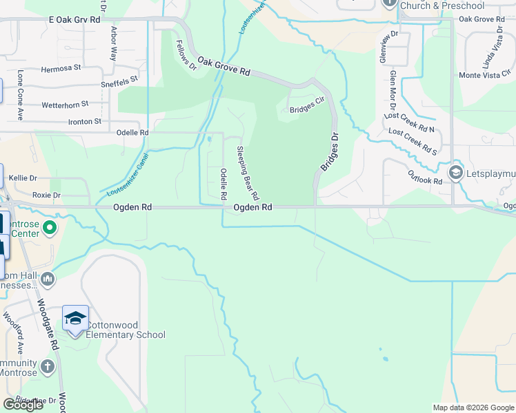 map of restaurants, bars, coffee shops, grocery stores, and more near 66469 Ogden Road in Montrose