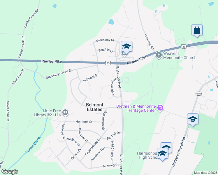 map of restaurants, bars, coffee shops, grocery stores, and more near 2926 Inglewood Drive in Harrisonburg