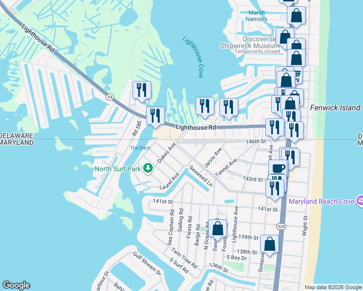 map of restaurants, bars, coffee shops, grocery stores, and more near 710 142nd Street in Ocean City