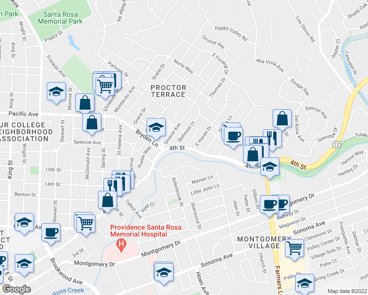 map of restaurants, bars, coffee shops, grocery stores, and more near 2020 4th Street in Santa Rosa