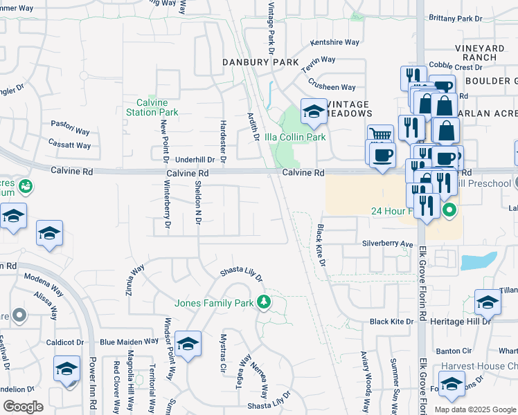 map of restaurants, bars, coffee shops, grocery stores, and more near 8680 Opp Court in Elk Grove