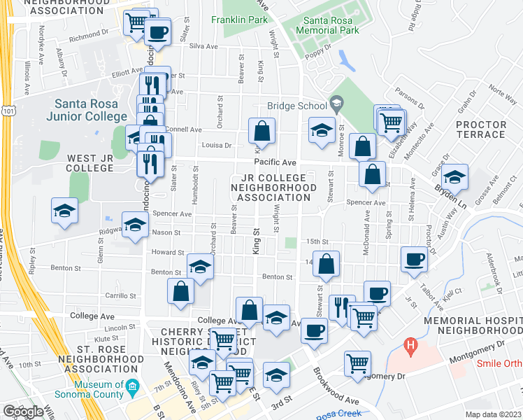 map of restaurants, bars, coffee shops, grocery stores, and more near 1002 King Street in Santa Rosa
