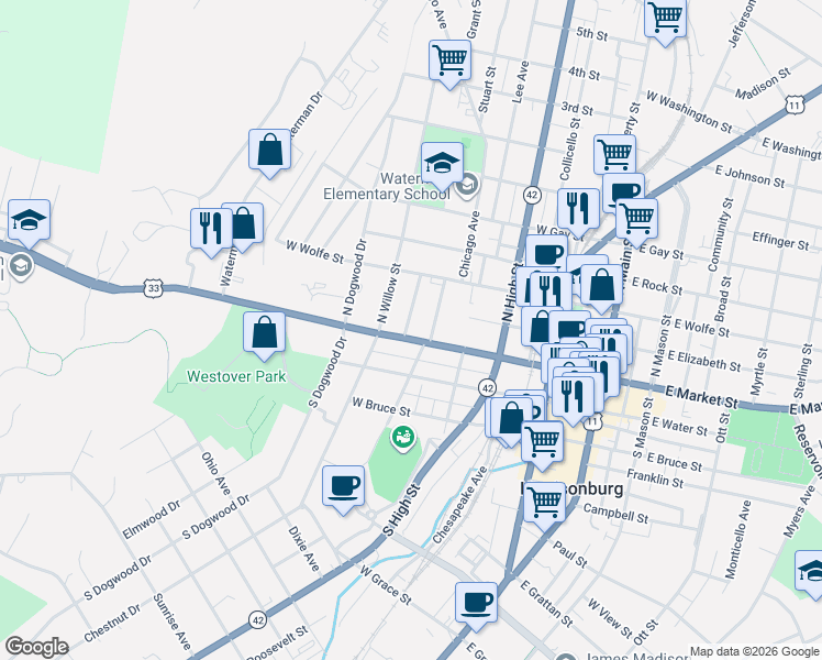 map of restaurants, bars, coffee shops, grocery stores, and more near 4 Shenandoah Avenue in Harrisonburg