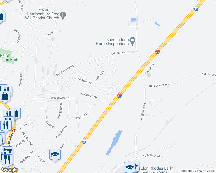 map of restaurants, bars, coffee shops, grocery stores, and more near 1408 Founders Way in Harrisonburg