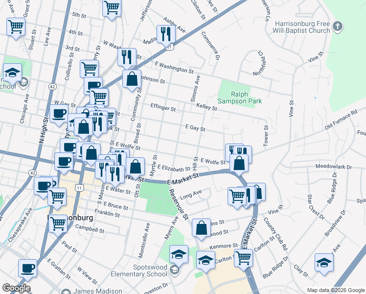 map of restaurants, bars, coffee shops, grocery stores, and more near 539 East Rock Street in Harrisonburg