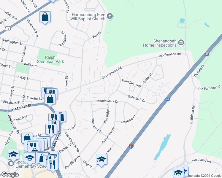 map of restaurants, bars, coffee shops, grocery stores, and more near 1141 Wellington Drive in Harrisonburg