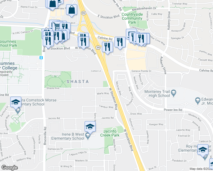 map of restaurants, bars, coffee shops, grocery stores, and more near 8450 West Stockton Boulevard in Elk Grove