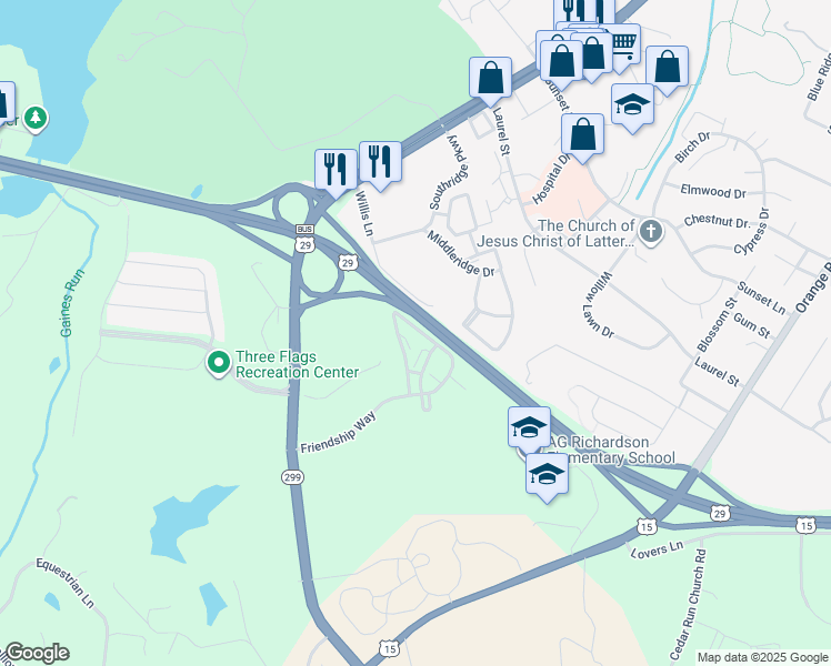 map of restaurants, bars, coffee shops, grocery stores, and more near 200 Friendship Way in Culpeper