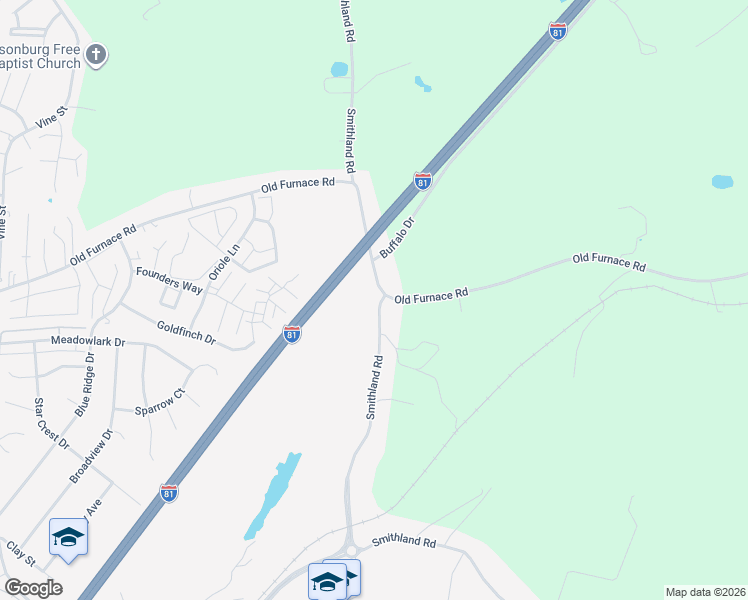 map of restaurants, bars, coffee shops, grocery stores, and more near 1661 Smithland Road in Harrisonburg