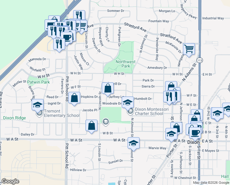 map of restaurants, bars, coffee shops, grocery stores, and more near 945 West F Street in Dixon