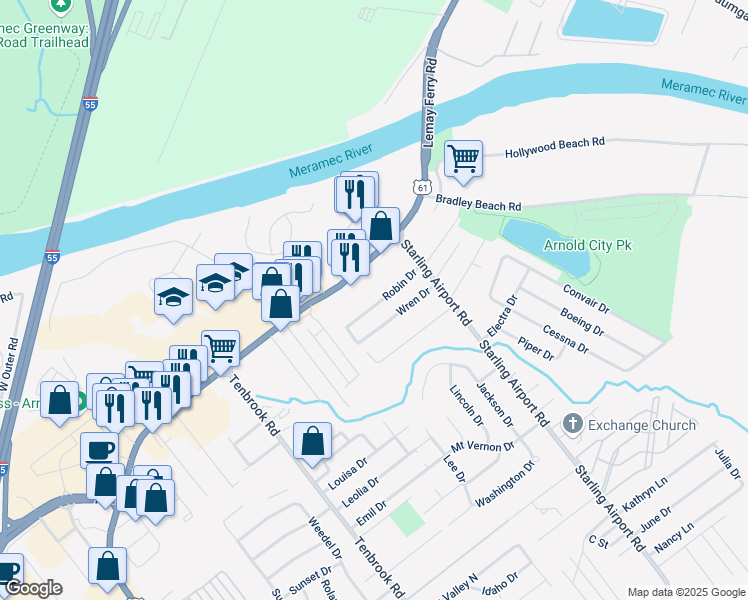 map of restaurants, bars, coffee shops, grocery stores, and more near 561 Robin Drive in Arnold