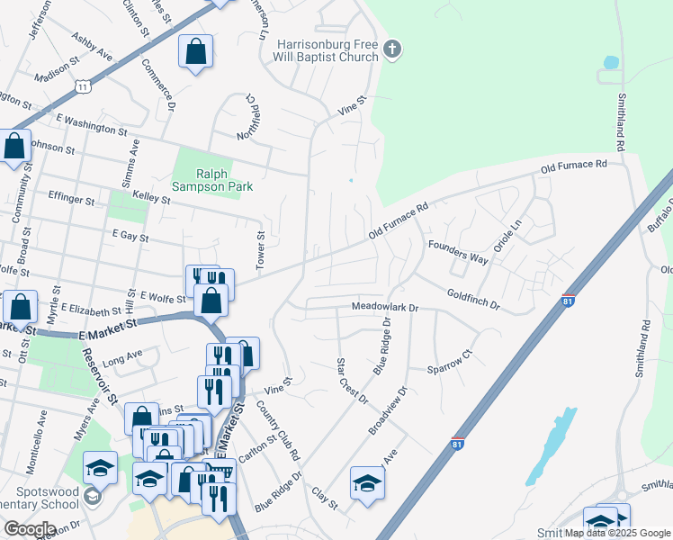 map of restaurants, bars, coffee shops, grocery stores, and more near 1035 Cherrybrook Drive in Harrisonburg
