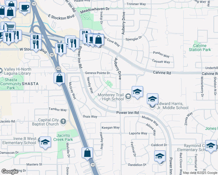 map of restaurants, bars, coffee shops, grocery stores, and more near 8251 Glencannon Way in Elk Grove