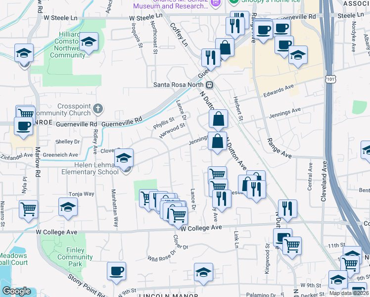 map of restaurants, bars, coffee shops, grocery stores, and more near 1508 Jennings Avenue in Santa Rosa