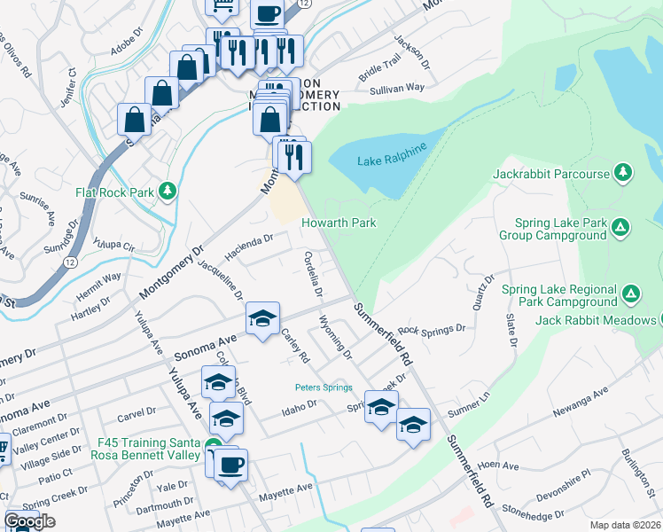 map of restaurants, bars, coffee shops, grocery stores, and more near 641 Summerfield Road in Santa Rosa