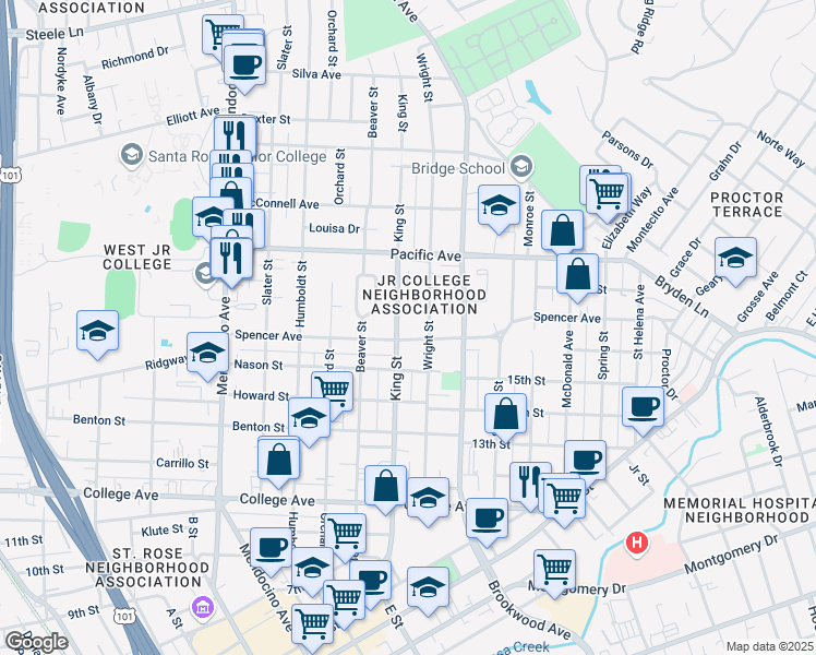 map of restaurants, bars, coffee shops, grocery stores, and more near 1010 King Street in Santa Rosa