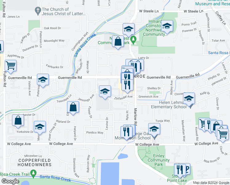 map of restaurants, bars, coffee shops, grocery stores, and more near 2037 Zinfandel Avenue in Santa Rosa