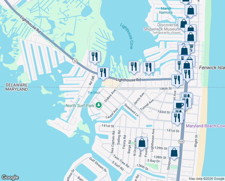 map of restaurants, bars, coffee shops, grocery stores, and more near 14211 Dukes Avenue in Ocean City