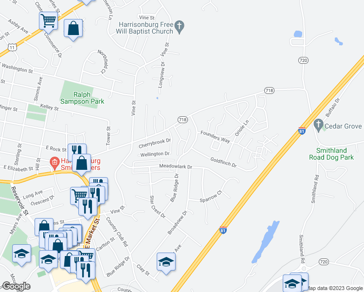 map of restaurants, bars, coffee shops, grocery stores, and more near 1141 Wellington Drive in Harrisonburg