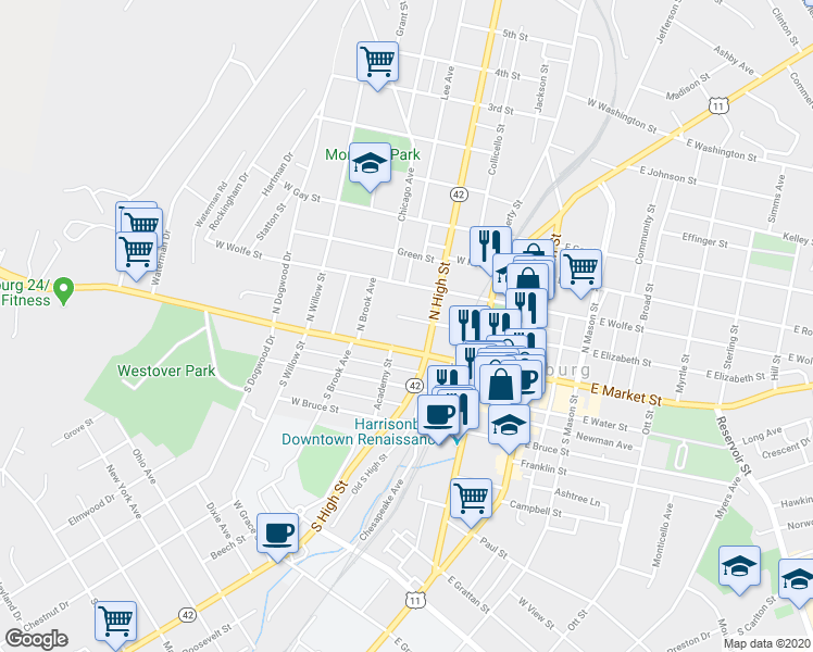 map of restaurants, bars, coffee shops, grocery stores, and more near 264 West Elizabeth Street in Harrisonburg