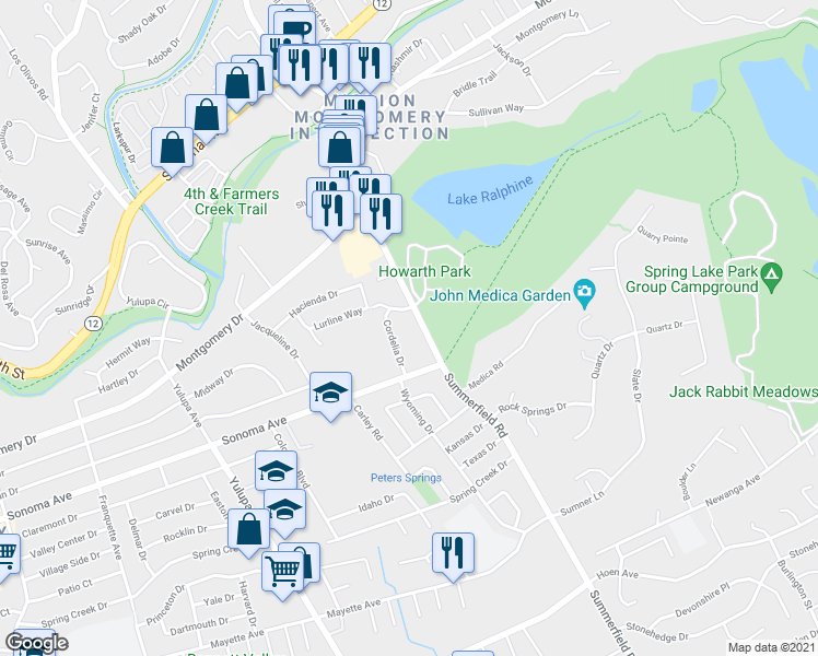 map of restaurants, bars, coffee shops, grocery stores, and more near 641 Summerfield Road in Santa Rosa