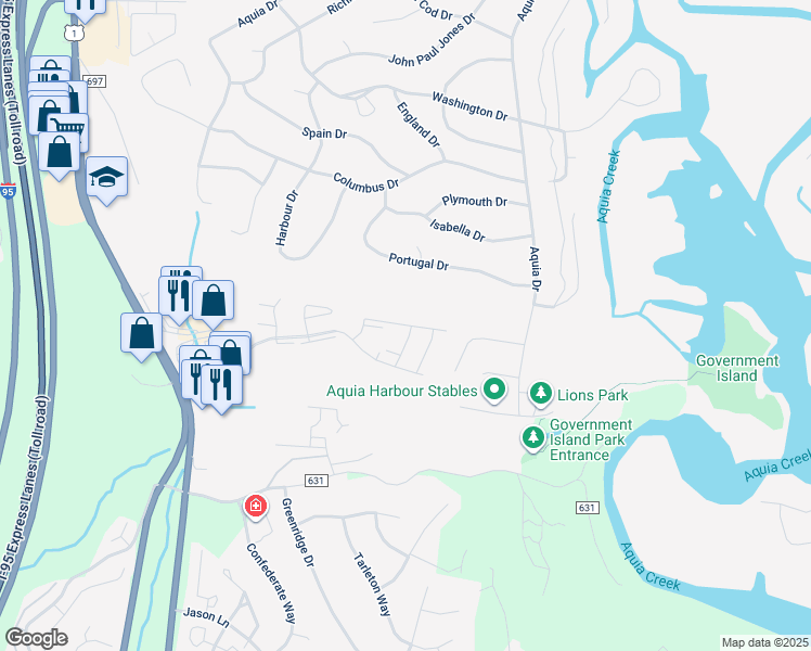 map of restaurants, bars, coffee shops, grocery stores, and more near 90 White Pine Circle in Stafford