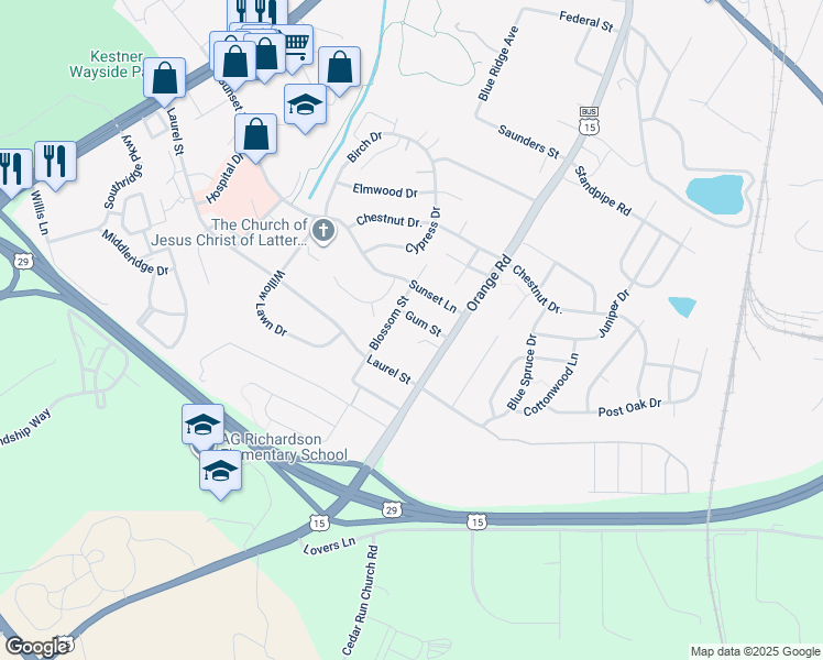 map of restaurants, bars, coffee shops, grocery stores, and more near 121 Gum Street in Culpeper