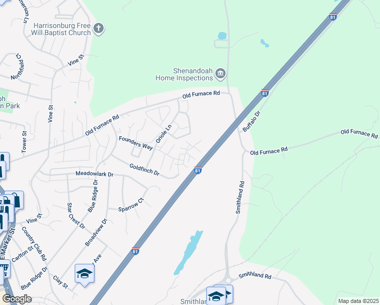 map of restaurants, bars, coffee shops, grocery stores, and more near 1055 John Paul Jones Lane in Harrisonburg