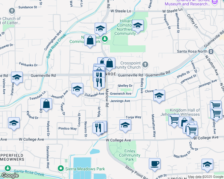 map of restaurants, bars, coffee shops, grocery stores, and more near 1724 Marlow Road in Santa Rosa