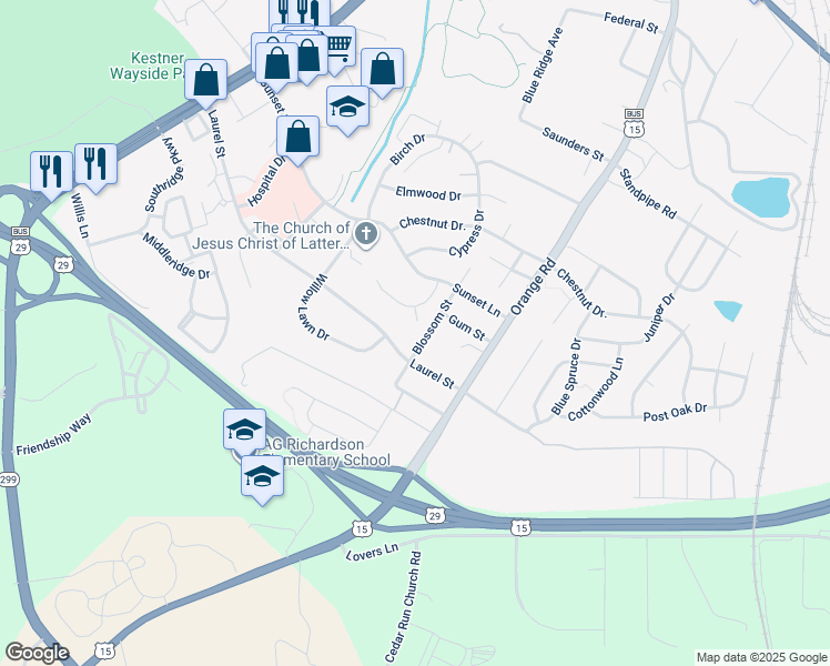 map of restaurants, bars, coffee shops, grocery stores, and more near 2308 Maplewood Court in Culpeper