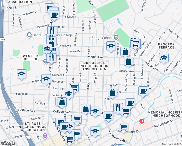 map of restaurants, bars, coffee shops, grocery stores, and more near 1010 King Street in Santa Rosa