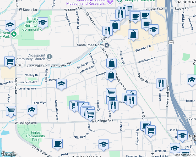 map of restaurants, bars, coffee shops, grocery stores, and more near 1384 Lance Drive in Santa Rosa