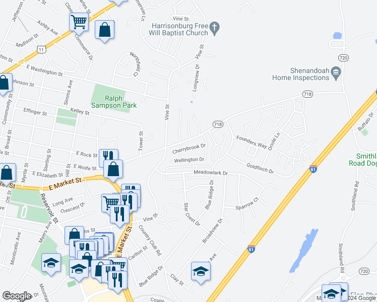 map of restaurants, bars, coffee shops, grocery stores, and more near 1045 Cherrybrook Drive in Harrisonburg