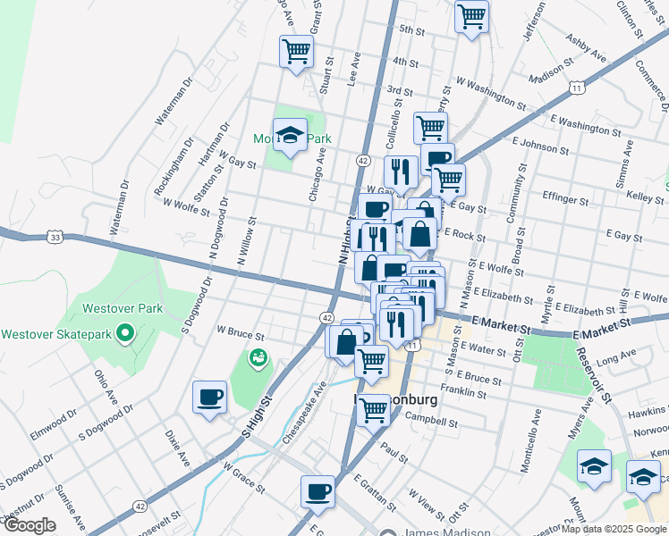 map of restaurants, bars, coffee shops, grocery stores, and more near 85 North High Street in Harrisonburg