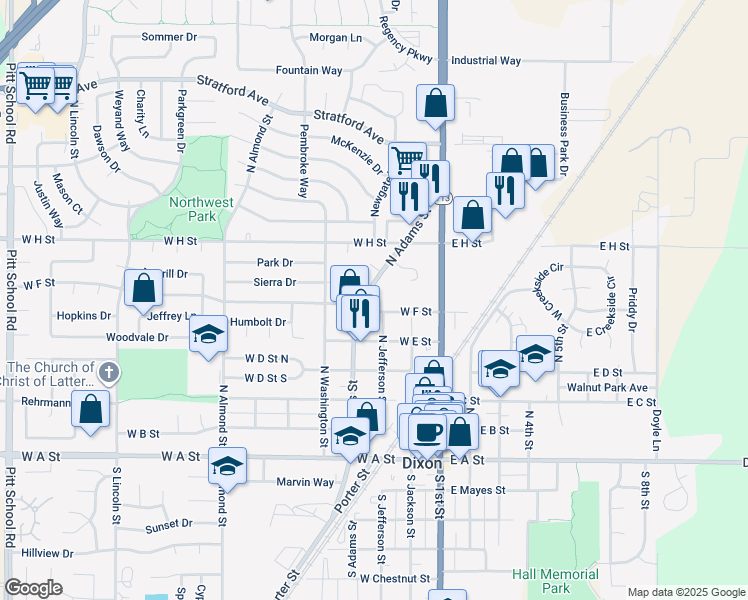 map of restaurants, bars, coffee shops, grocery stores, and more near 610 North Adams Street in Dixon