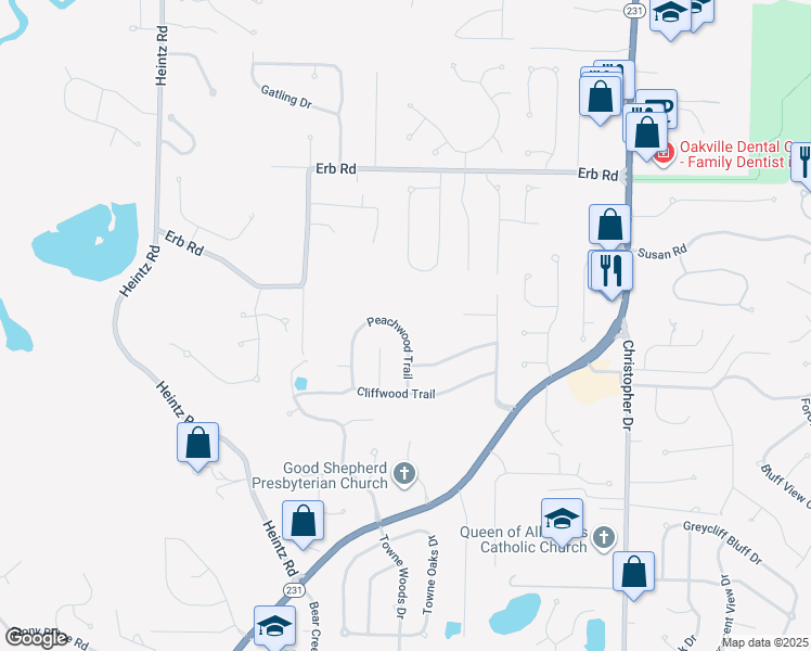 map of restaurants, bars, coffee shops, grocery stores, and more near 2705 Peachwood Trail in St. Louis