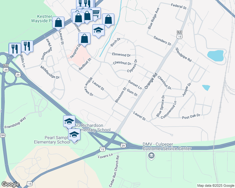 map of restaurants, bars, coffee shops, grocery stores, and more near 2308 Maplewood Court in Culpeper