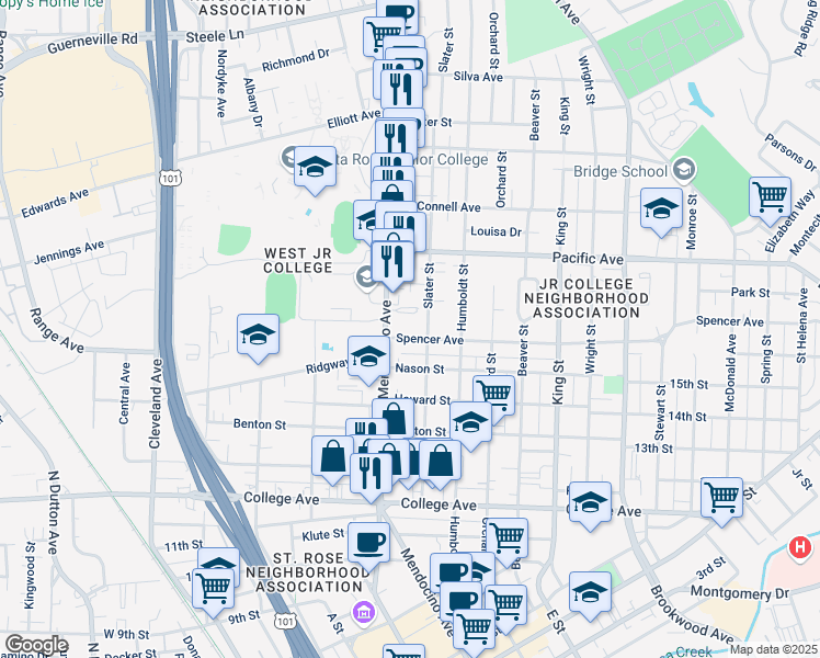 map of restaurants, bars, coffee shops, grocery stores, and more near 523 Spencer Avenue in Santa Rosa