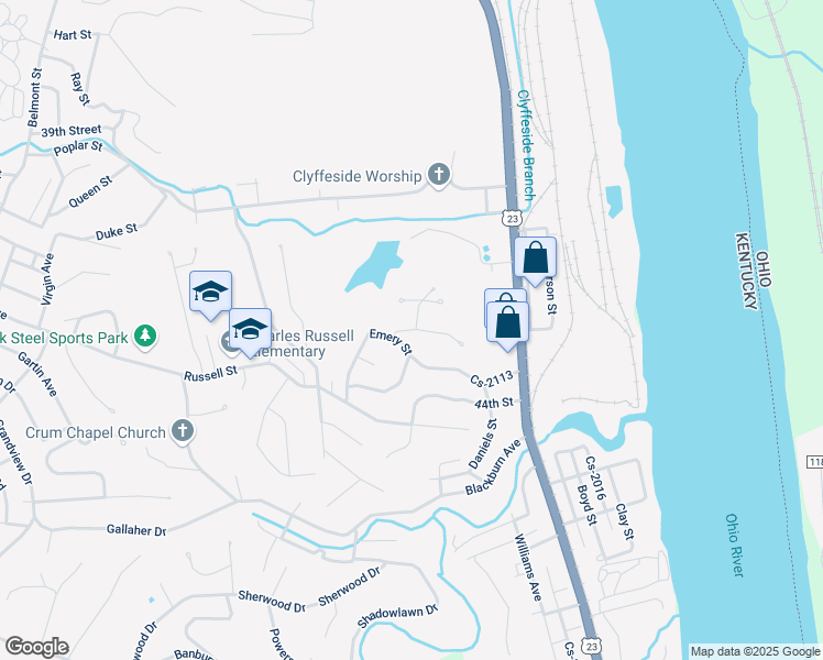 map of restaurants, bars, coffee shops, grocery stores, and more near 608 Eden Place in Ashland