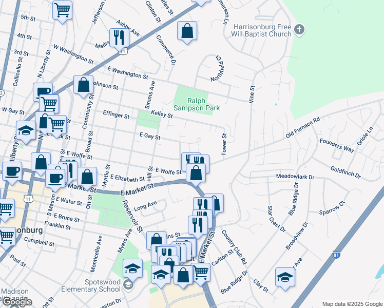 map of restaurants, bars, coffee shops, grocery stores, and more near 703 East Gay Street in Harrisonburg
