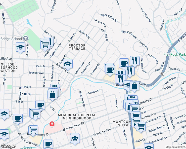 map of restaurants, bars, coffee shops, grocery stores, and more near 1910 East Haven Drive in Santa Rosa