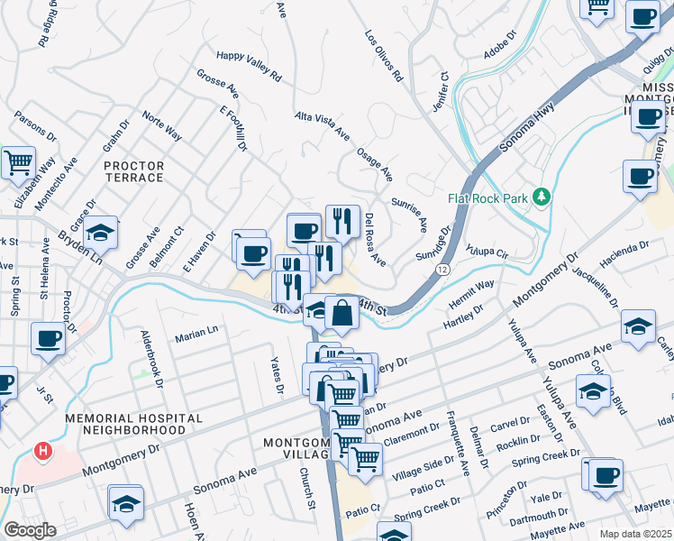 map of restaurants, bars, coffee shops, grocery stores, and more near 101-155 Farmers Ln in Santa Rosa