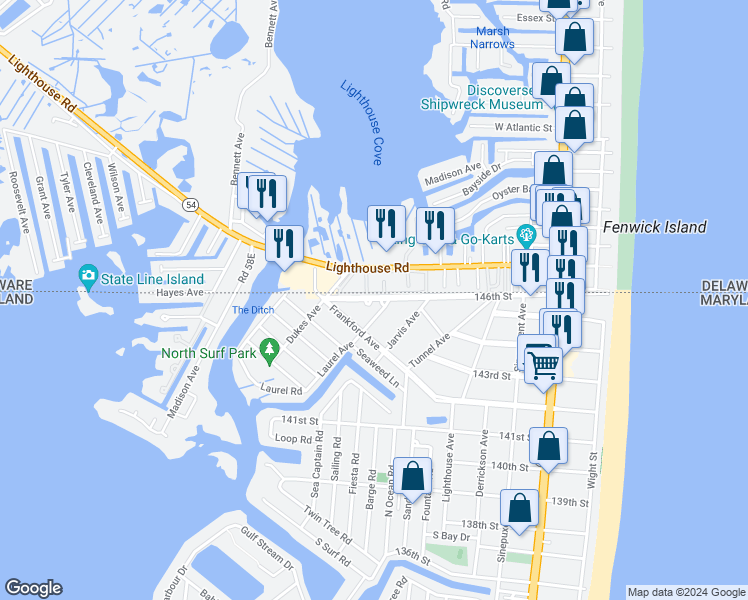 map of restaurants, bars, coffee shops, grocery stores, and more near 14311 Laurel Avenue in Ocean City