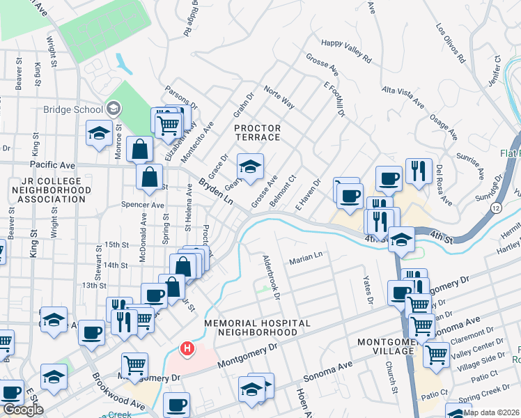 map of restaurants, bars, coffee shops, grocery stores, and more near 1915 4th Street in Santa Rosa